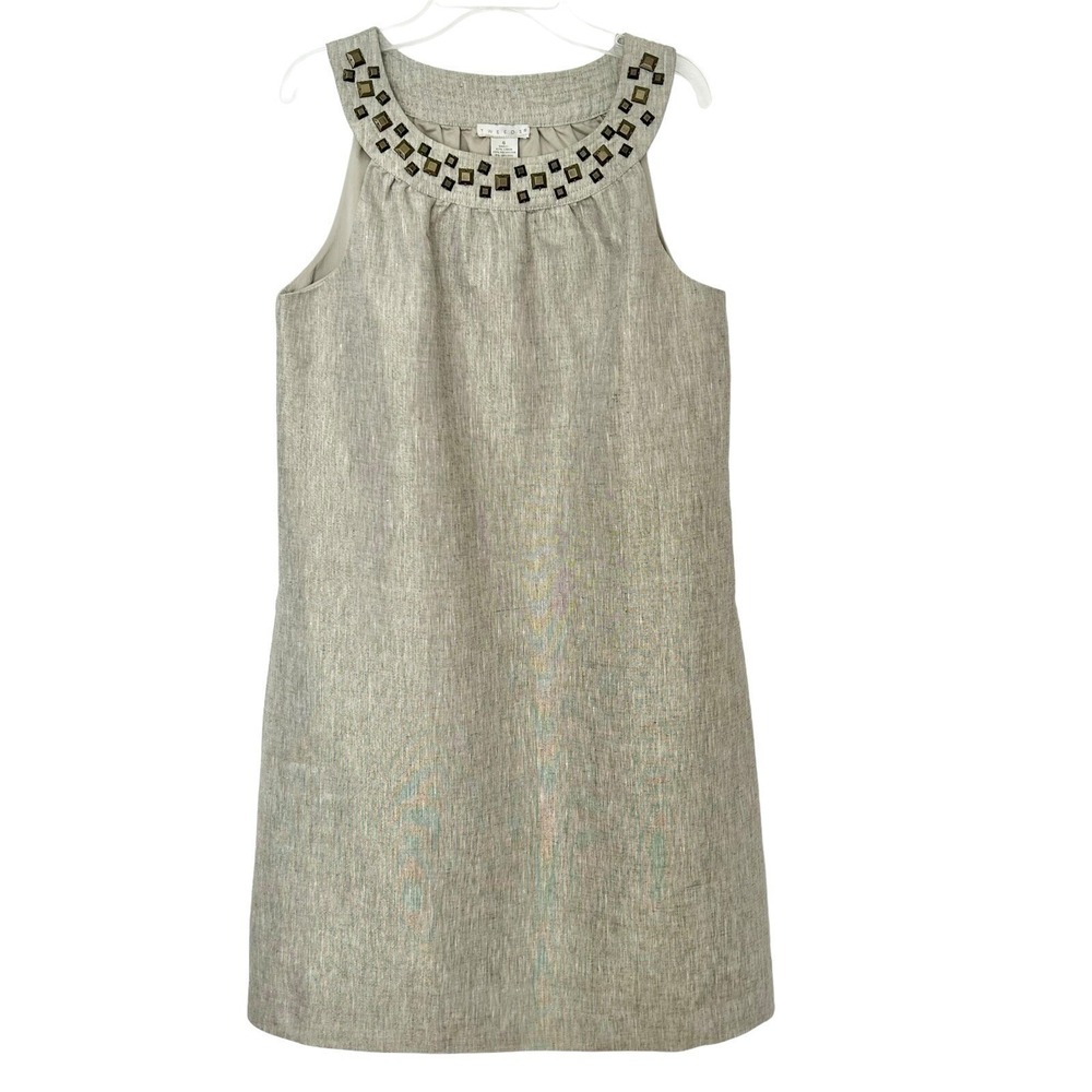 TWEEDS Linen Gold Metallic DRESS 6 Beaded Tunic Chic Party Work Sleeveless